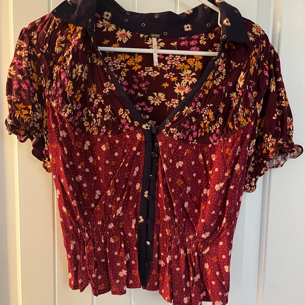 Free People Burgundy Floral Button Blouse
